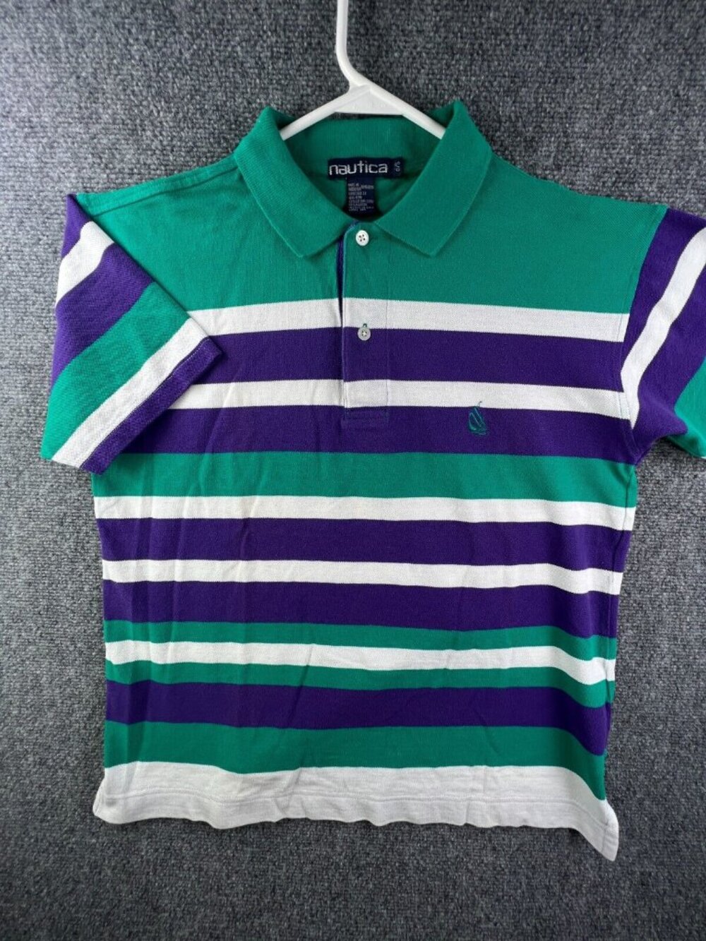 VTG Nautica Polo Shirt Short Sleeve Men’s Striped Green Purple Cotton Pullover